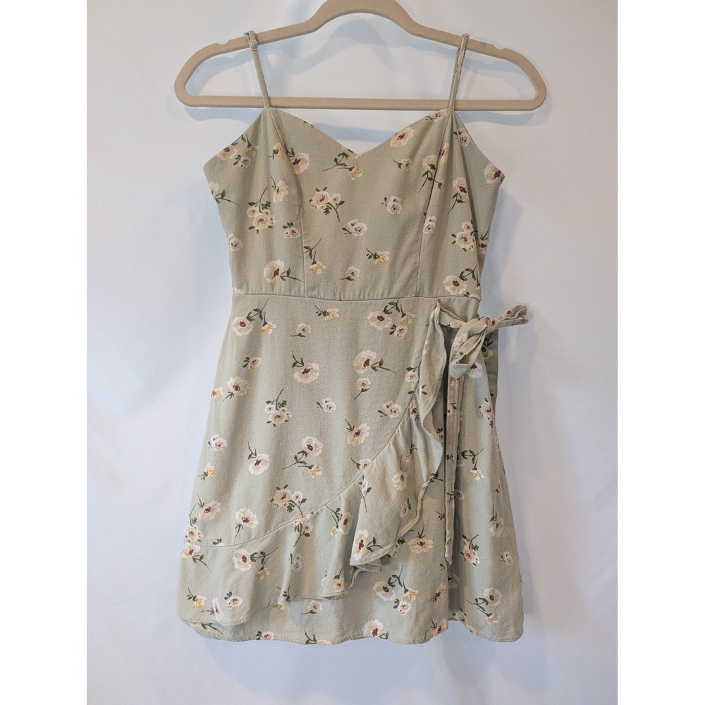 City Triangles Sage Green Floral Linen Blend Faux Wrap Mini Dress Small